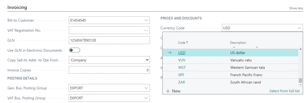 Customer card and vendor card currencies