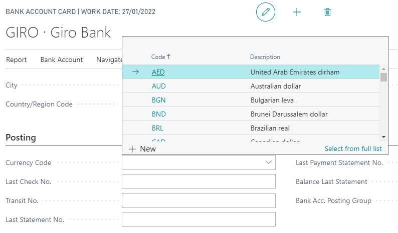 Bank account currencies