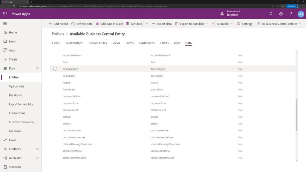 Business Central Virtual Entity for Common Data Services